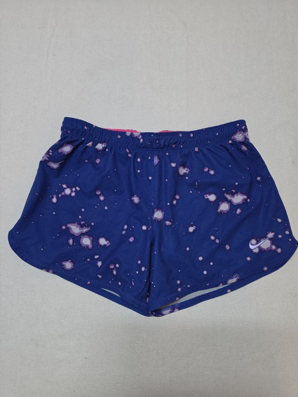 Nike Dri-FIT Womens Small Blue Pink Splatter Running Shorts Just Do It Waistband